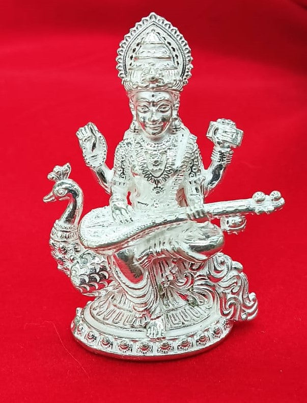Silver Solid Goddess Sarasvati Idol Hindu Religion Goddess Idol for Gifting, Temple Use in India, US, UK, Australia, Europe