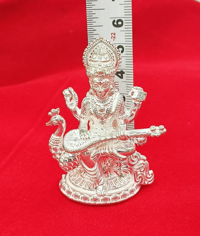 Silver Solid Goddess Sarasvati Idol Hindu Religion Goddess Idol for Gifting, Temple Use in India, US, UK, Australia, Europe